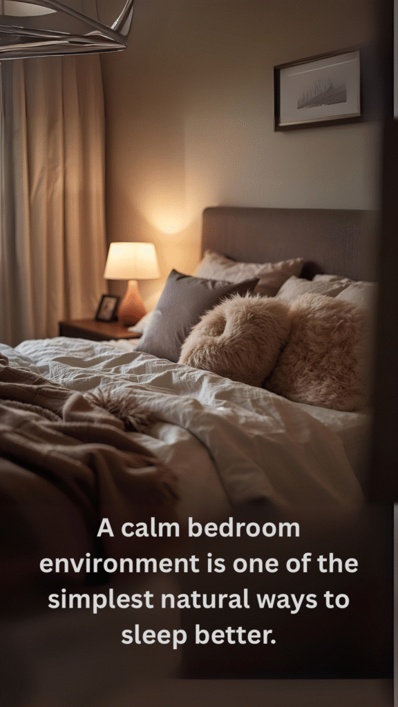 Natural sleep tips illustration showing a cozy scene with warm lights and calm colors. Headline reads 5 natural ways to sleep better naturally including PEMF therapy for sleep, non-invasive sleep support, holiday stress relief, bedtime routine for better sleep, and daily movement for better sleep.”