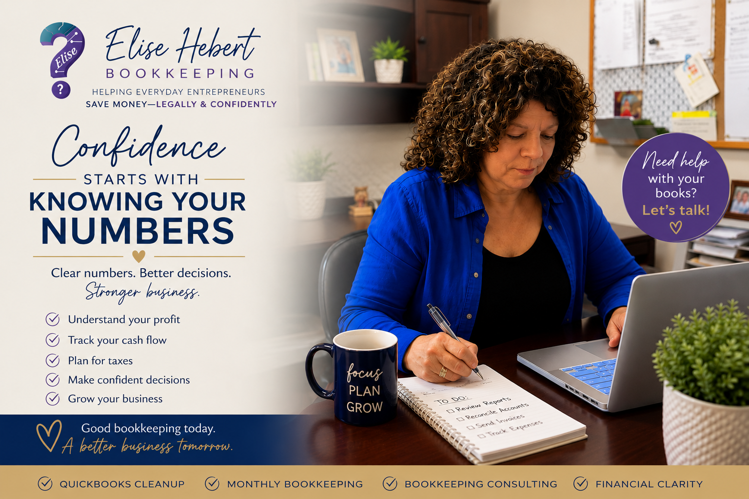 Confidence Starts with Knowing Your Numbers," representing bookkeeping, QuickBooks support, and financial confidence for small business owners.